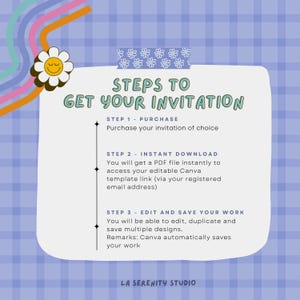 May include: A graphic with the text "STEPS TO GET YOUR INVITATION" in a whimsical font. The steps include purchasing, downloading a PDF, and editing the Canva template. A daisy and colorful lines decorate the top left.
