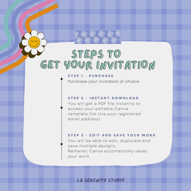 May include: A graphic with the text "STEPS TO GET YOUR INVITATION" in a whimsical font. The steps include purchasing, downloading a PDF, and editing the Canva template. A daisy and colorful lines decorate the top left.