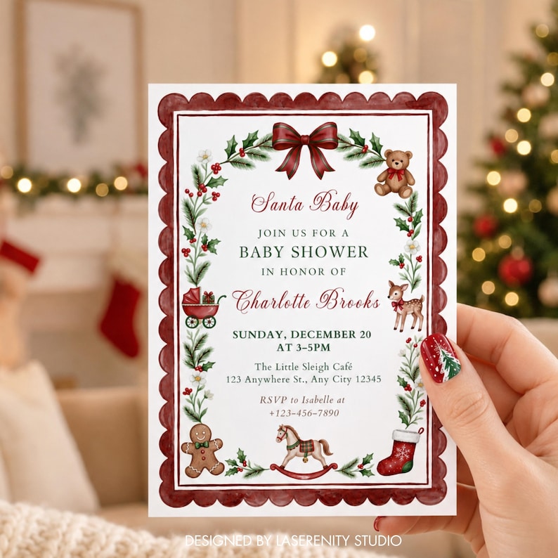 Może przedstawiać: Prostokątne zaproszenie na baby shower z ciemnoczerwoną, falistą ramką. Projekt zawiera świąteczny wieniec z ostrokrzewu, jag&oacute;d i białych kwiat&oacute;w oraz ilustracje misia, jelonka, w&oacute;zka dziecięcego, pierniczka i konika na biegunach.