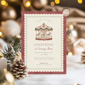 May include: A rectangular birthday invitation card with a scalloped border, featuring a vintage carousel illustration, the text "JOSEPHINE is turning three," event details, and a "Designed by LaserEnity Studio" watermark.