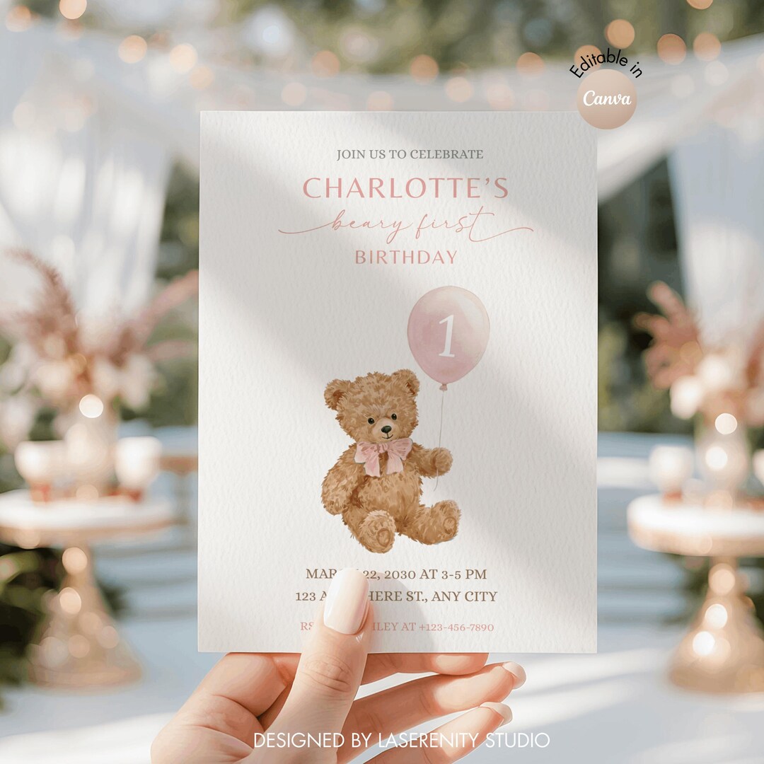 Editable Beary First Birthday Invitation | Teddy Bear Girl 1st Birthday ...