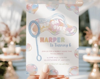 Editable Pastel Pop On Over Bubble Birthday Invitation | Canva Template | Instant Download