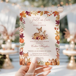 Pode incluir: Um convite retangular para chá de bebê com uma borda em aquarela de folhas de outono, bagas e abóboras. O texto diz Fall in love with Baby Celia, em homenagem a Celia Hughes, sexta-feira, 23 de outubro, das 15h às 17h, Sunnyvale Garden House.