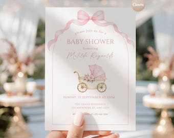 Editable Minimalist Pink Carriage Baby Shower Invitation | Canva Template | Instant Download
