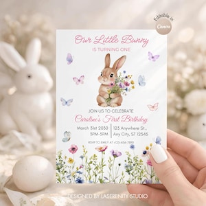 May include: A birthday invitation featuring a watercolor illustration of a bunny holding flowers. The invitation reads "Our Little Bunny is Turning One" and includes event details. Butterflies and floral accents decorate the card.