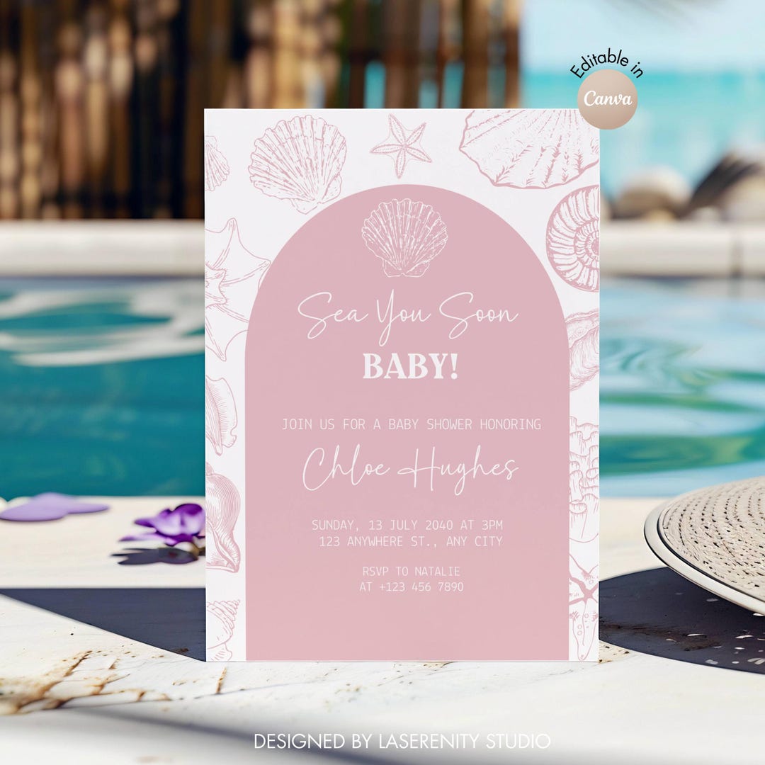 Editable Pink Sea You Soon Baby Shower Invitation | Canva Template ...
