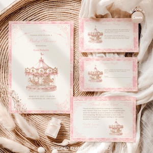 Editable Pink Carousel Baby Shower Invitation Set | Digital Version | Instant Download