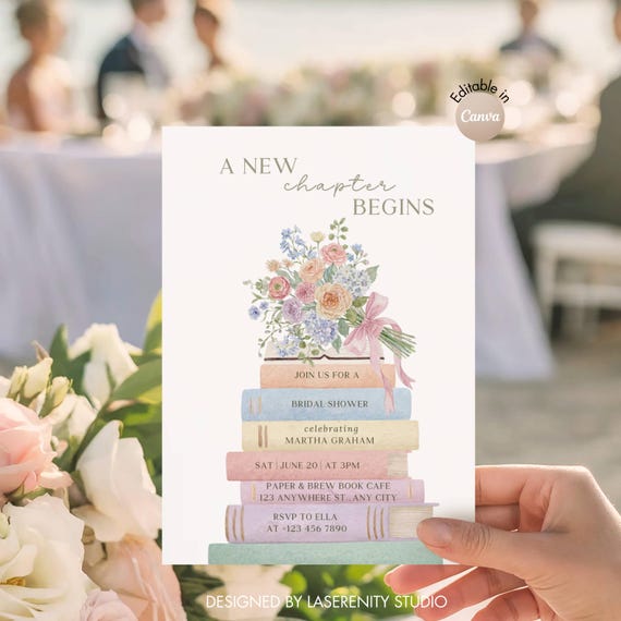 Editable A New Chapter Begins Book Bridal Shower Invitation | Canva Template | Instant Download