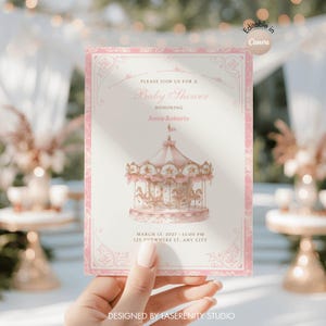 Invito modificabile per baby shower con giostra rosa / Versione digitale / Download immediato
