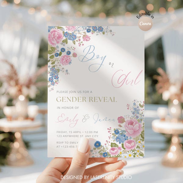 Invito personalizzabile per la rivelazione del sesso del bambino con fiori selvatici: fiori rosa e blu / Versione digitale / Download immediato