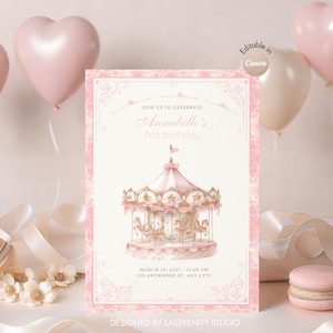 Invitation rose modifiable de premier anniversaire de carrousel | Version numérique | Téléchargement instantané