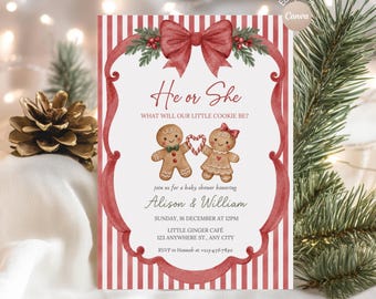 Może przedstawiać: Prostokątne zaproszenie na baby shower z czerwono-białym paskowanym obramowaniem, dużą czerwoną kokardą z ostrokrzewem oraz dwoma piernikami trzymającymi serce z laski cukrowej. Tekst zawiera He or She, What will our little cookie be?, Alison & William, Sunday, 16 December at 12pm, Little Ginger Café, 123 Anywhere St., Any City, oraz RSVP to Hannah at +123-456-7890.