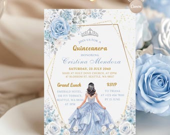 May include: A light blue quinceañera invitation with floral and gold accents. The invitation features the text "Join Us For A Quinceanera" and details for the event, including the honoree's name, date, time, and location.