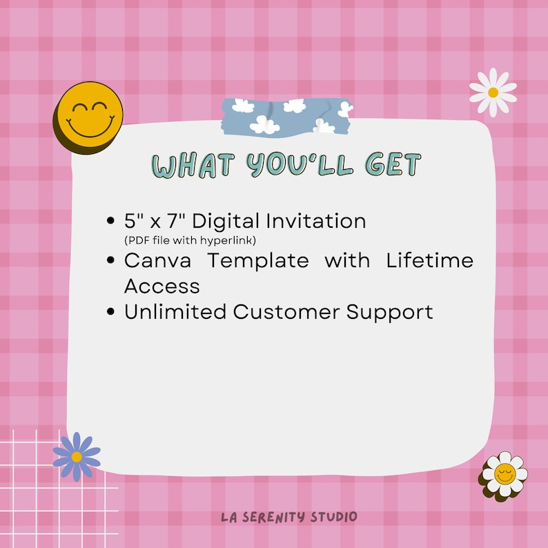May include: A digital invitation graphic with the text "WHAT YOU'LL GET" on a white background. The text lists a 5" x 7" digital invitation, a Canva template with lifetime access, and unlimited customer support. The background is pink.