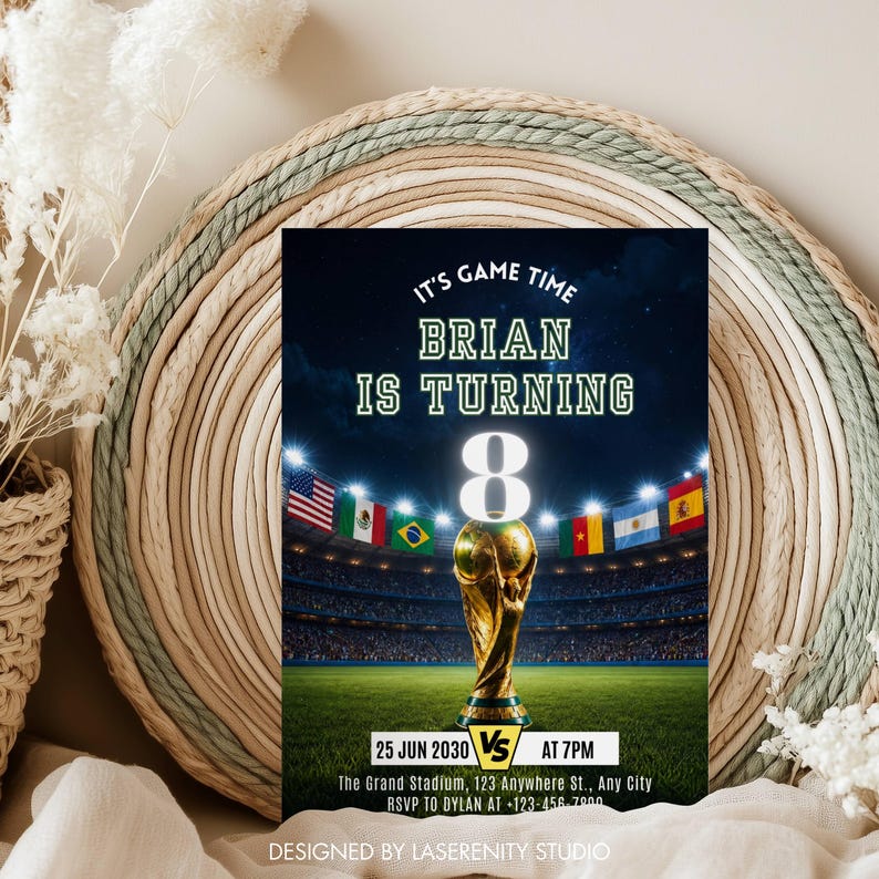 May include: A birthday party invitation with a soccer theme. The invitation features a stadium scene with flags and a golden trophy. Text includes "IT'S GAME TIME", "BRIAN IS TURNING 8", and event details.