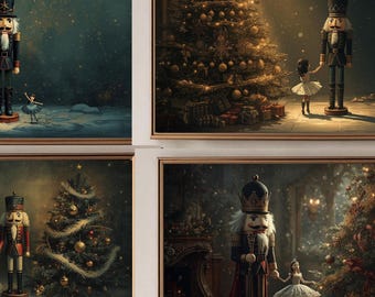 May include: Four framed art prints featuring scenes from The Nutcracker ballet. Each print depicts a Christmas tree, a nutcracker soldier, and a ballerina in a snowy, whimsical setting. The artwork has a vintage, storybook aesthetic.