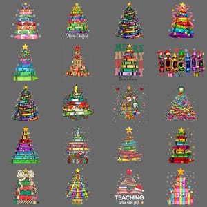 May include: A collection of Christmas tree designs, each crafted from colorful crayons. Some trees feature star toppers, bows, and the text "Merry Christmas" or "Teaching is the best gift". The trees are set against a gray background.