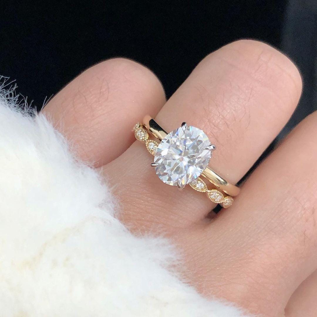 2CT Oval Moissanite Engagement Ring Set, 14K Gold Sterling Silver ...