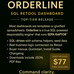Pode incluir: Gráfico promocional para SEPA RAPTOR ORDERLINE, um painel SQL Retool. O texto destaca recursos como funcionalidade baseada em SQL, lógica de negócios real e downloads, incluindo JSON e arquivos PDF. O preço é de $77 para os primeiros 20 compradores.