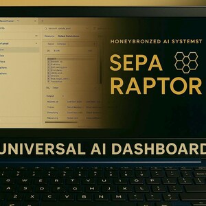 Può includere: Un laptop che mostra un'interfaccia software con il testo "HONEYBRONZED AI SYSTEMST SEPA RAPTOR" e "UNIVERSAL AI DASHBOARD". Lo schermo mostra un'interfaccia di programma con varie opzioni e dati.