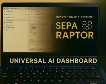 May include: A laptop displaying a software interface with the text "HONEYBRONZED AI SYSTEMST SEPA RAPTOR" and "UNIVERSAL AI DASHBOARD". The screen shows a program interface with various options and data.