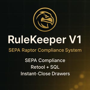 Pode incluir: Gráfico com um emblema de águia dourada no topo, seguido do texto "RuleKeeper V1" em letras brancas grandes. Abaixo, lê-se "SEPA Raptor Compliance System", e mais abaixo, "SEPA Compliance, Retool + SQL, Instant-Close Drawers."