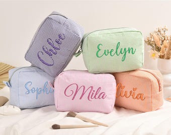 Custom Cosmetic Bag with Name, Seersucker Bridesmaid Travel Bag, Makeup Bags for Women Girls Bridesmaid, Organizer Storage Pouch