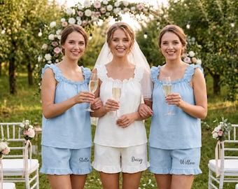 Conjunto de pijama con volantes personalizado con nombre, pijama personalizado para la fiesta nupcial, atuendo para los preparativos de la boda.