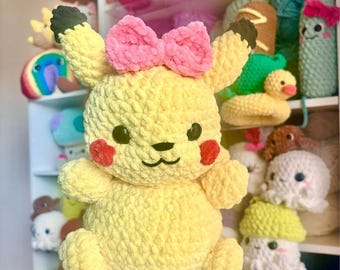 かぎ針編みのピカチュウの編み図。あみぐるみのピカチュウのぬいぐるみ