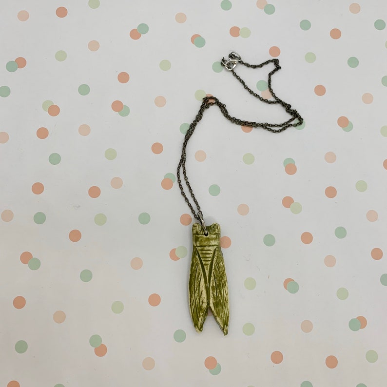 Ceramic Cicada Pendent Necklace distressed sage green on thin Distressed Silver Chain with Chrime lobster Claw Clasp Closure