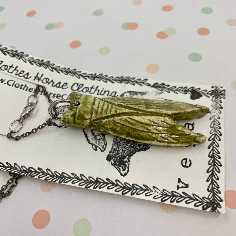 Ceramic Cicada Pendent Necklace distressed sage green on thin Distressed Silver Chain with Chrime lobster Claw Clasp Closure
