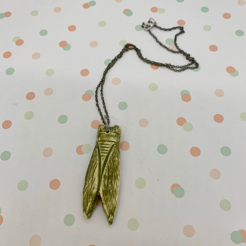 Ceramic Cicada Pendent Necklace distressed sage green on thin Distressed Silver Chain with Chrime lobster Claw Clasp Closure