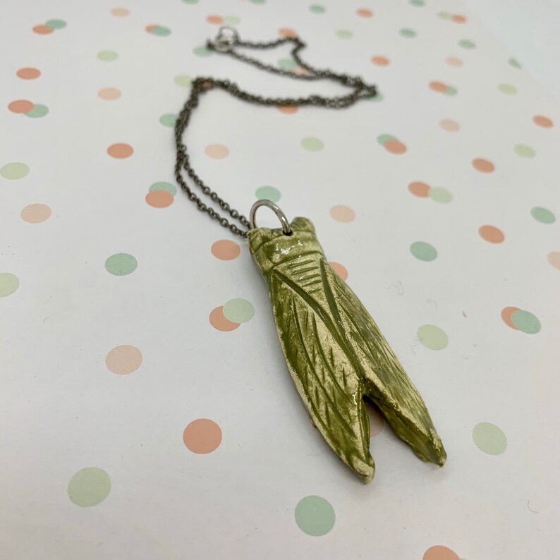 Ceramic Cicada Pendent Necklace distressed sage green on thin Distressed Silver Chain with Chrime lobster Claw Clasp Closure