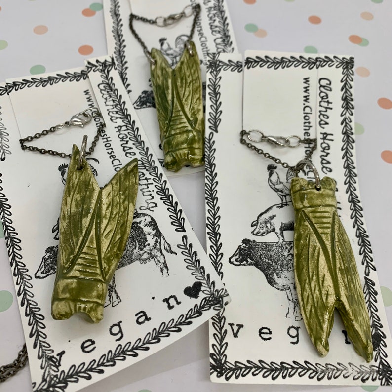 Ceramic Cicada Pendent Necklace distressed sage green on thin Distressed Silver Chain with Chrime lobster Claw Clasp Closure
