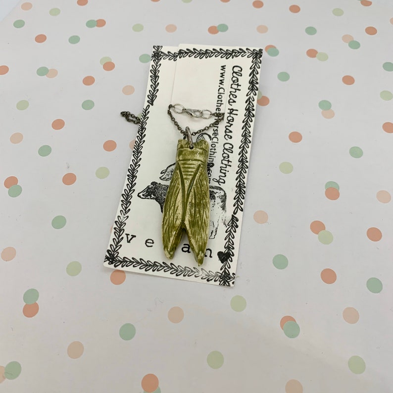 Ceramic Cicada Pendent Necklace distressed sage green on thin Distressed Silver Chain with Chrime lobster Claw Clasp Closure