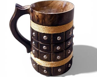 Handcrafted Wooden Beer Mug Viking Style Tankard with Rope