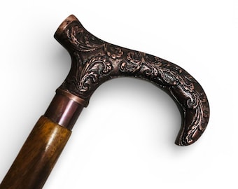 Handmade Wooden Walking Cane | Engraved Metal Handle Victorian Style