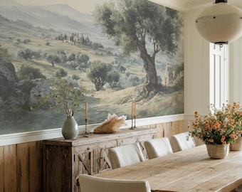 Serene Nature Landscape Mural Wallpaper, Scenic Countryside Wall Mural with Olive Trees