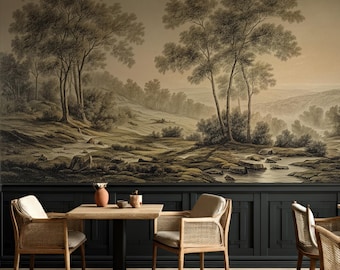 Vintage Landscape Mural Wallpaper, Scenic Forest Wall Art, Nature Trees Pastoral Countryside Panorama Wallpaper