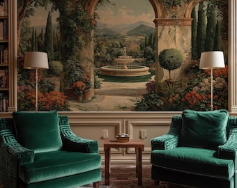 Large Tuscan Garden Wall Mural Wallpaper, Italian Landscape Wall Art with Arch and Fountain