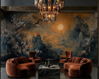 Chinoiserie Mountain Wallpaper Mural, Golden Moon & Cherry Blossoms Landscape