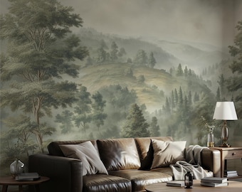 Vintage Forest Landscape Mural, Misty Mountains Woodland Wall Art, Nature Scene Decor