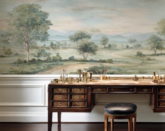 Pastel Landscape Mural Wallpaper, Vintage Mountain View Nature Scene Wall Art