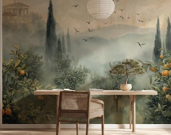 Tuscan Landscape Mural Wallpaper - Misty Cypress Hills and Orange Grove Wall Art