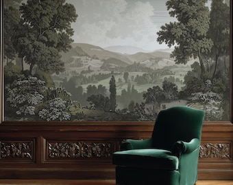 Vintage Engraved Landscape Mural Wallpaper, Antique Countryside Wall Art, Scenic Nature Panorama Wall Decor