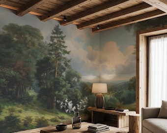 Romantic Vintage Landscape Mural Wallpaper – Scenic Nature Wall Art for Living Room