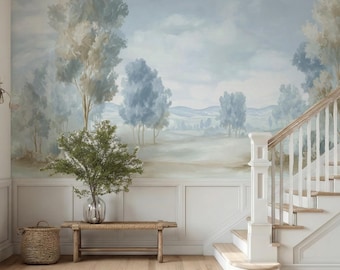 Blue Brown Landscape Mural Wallpaper, Soft Watercolor Trees Wall Mural, Neutral Nature Scenic