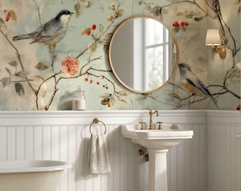 Vintage Chinoiserie Bird Wallpaper Mural, Teal Beige Floral Branch Removable Wall Decor