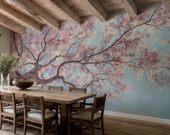 Japanese Cherry Blossom Tree Mural Wallpaper, Soft Pink Floral Wall Art, Sakura Ceiling Mural