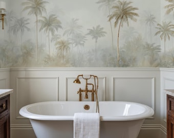 Tropical Palm Forest Mural Wallpaper – Neutral Watercolor Peel and Stick Wall Decor